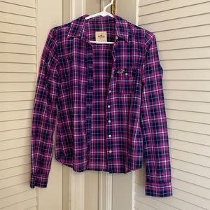 hollister button up plaid shirt (not flannel) pink and blue size small